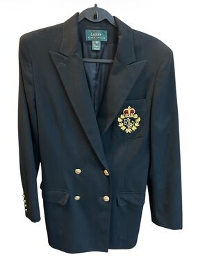 Ralph Lauren Navy Crown Crest Wool Double Breasted Blazer Jacket Women’s Size 10